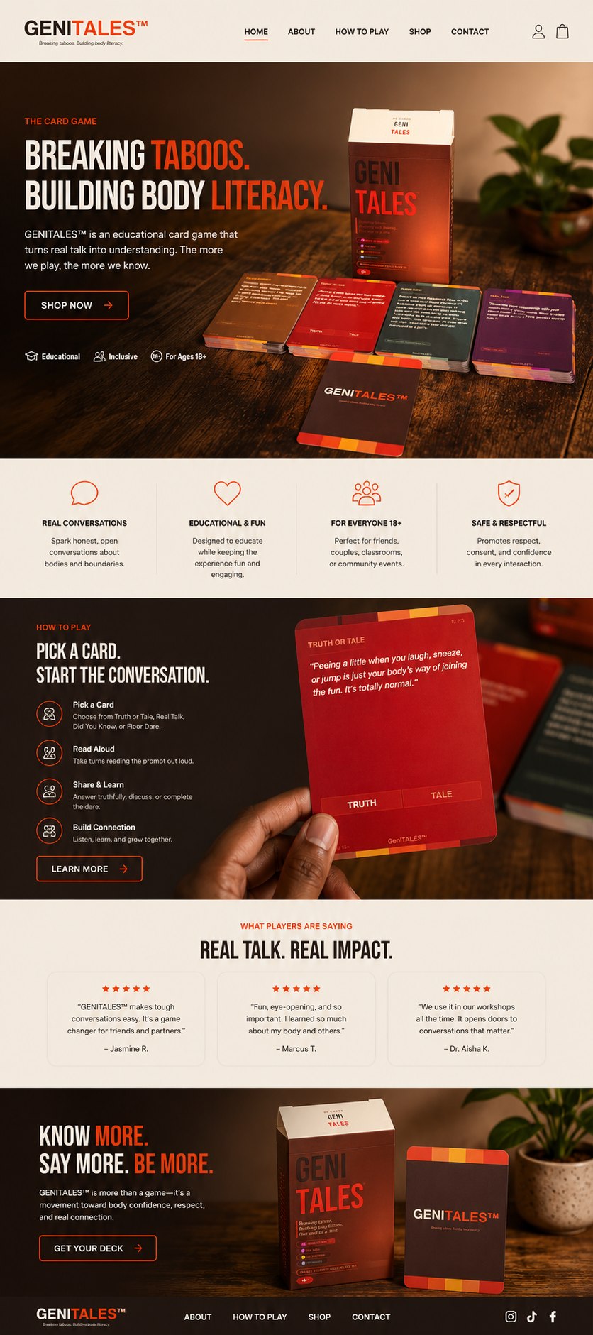 GeniTALES brand concept mockup, showing the card game box, sample cards, and how-to-play steps