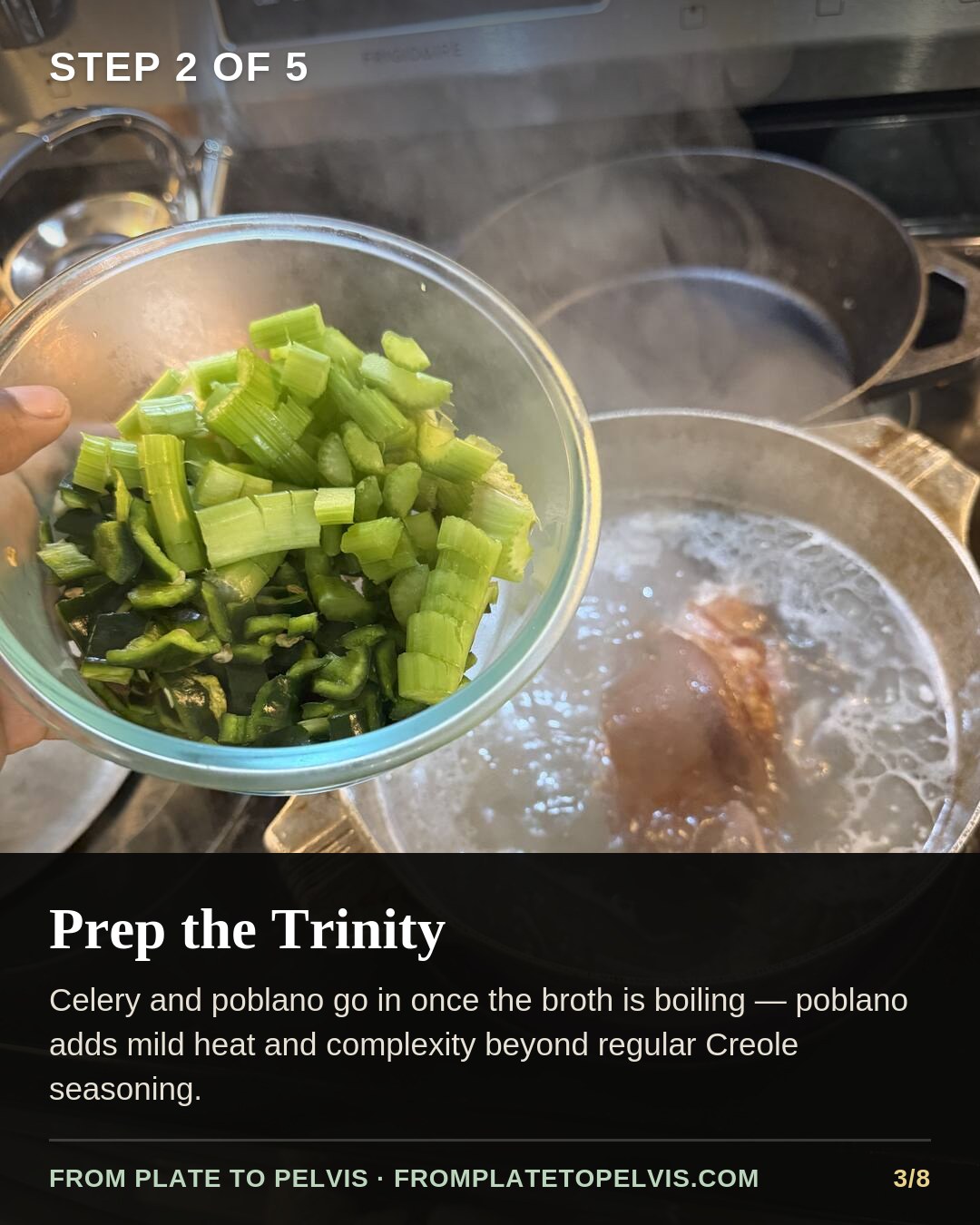 Step 2 of 5: Prep the trinity, celery and poblano