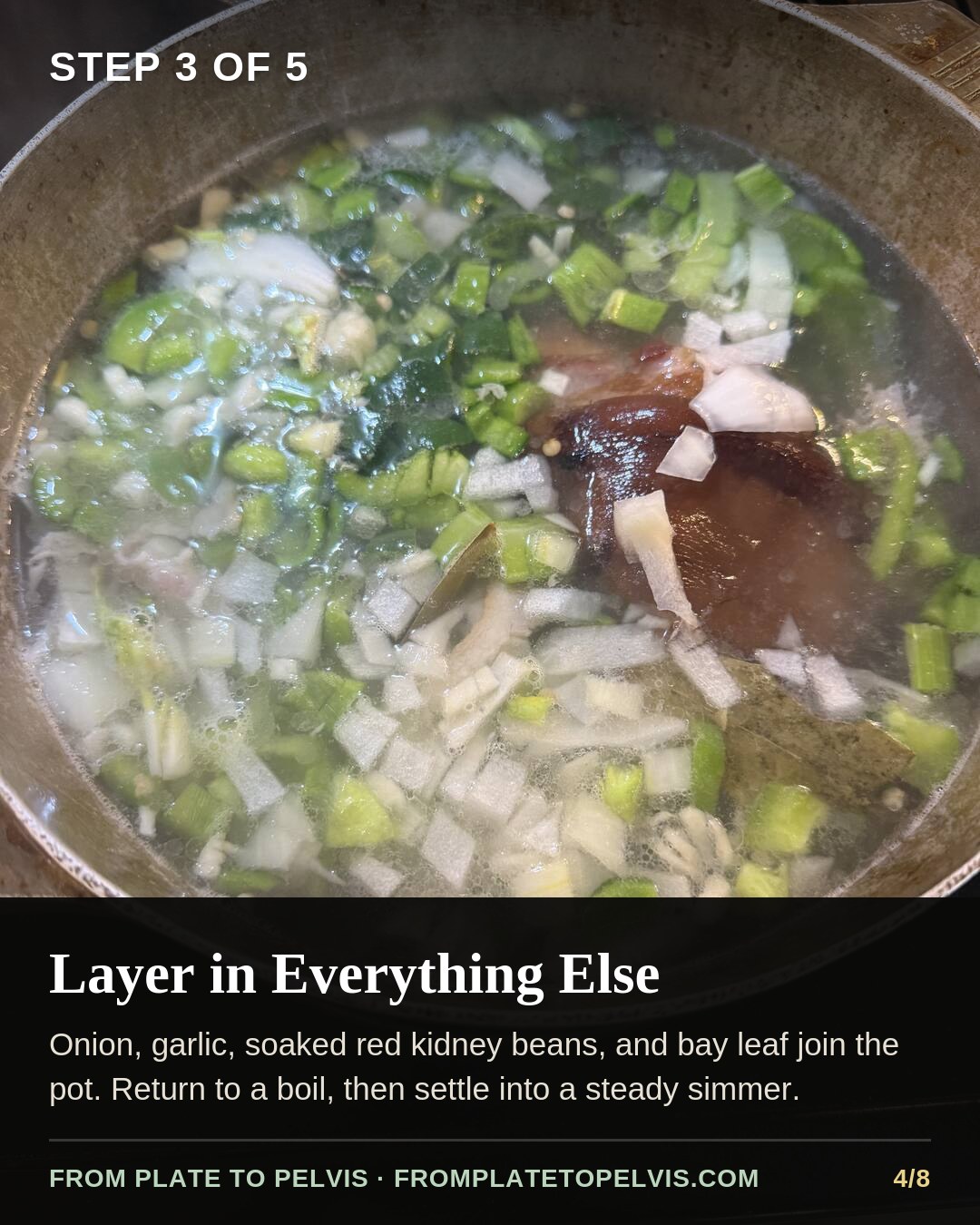 Step 3 of 5: Layer in onion, garlic, soaked red kidney beans, and bay leaf